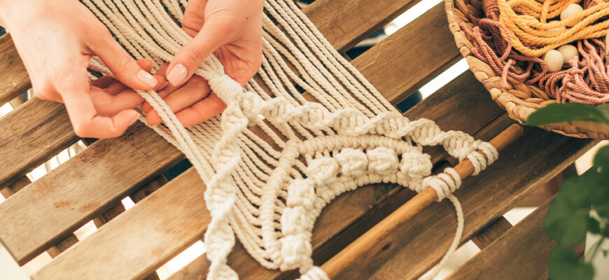 Close,Up,Of,Women's,Hands,Weaving,Macrame,From,White,Cotton