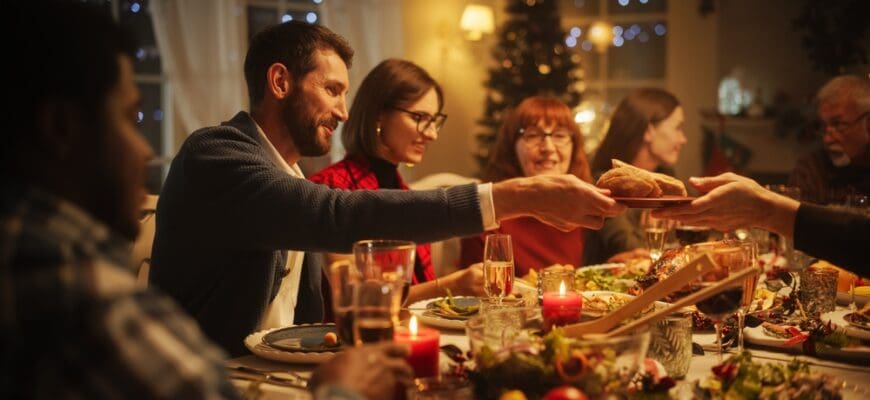 Portrait,With,Parents,,Children,And,Friends,Enjoying,Christmas,Dinner,Together